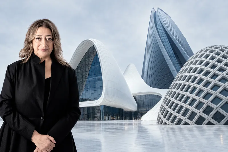 Zaha Hadid and a collage of some of her most famous buildings