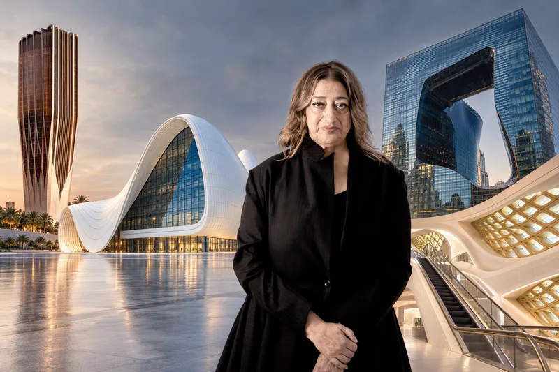Zaha Hadid and a collage of some of her most famous buildings in the Middle East
