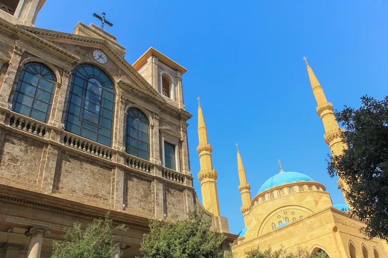 The Maronite Cathedral of Saint George and the Mohammad Al-Amin Mosque in downtown Beirut